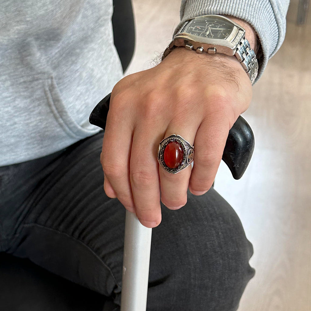 925 Sterling Silver Men's Ring - Red Agate Stone — 3