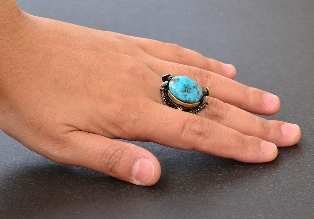 KAMBO Handmade Natural Arizona Turquoise Men's Sterling Silver Eagle Claw Ring 925 Vintage Statement Jewelry Gift for Hi
