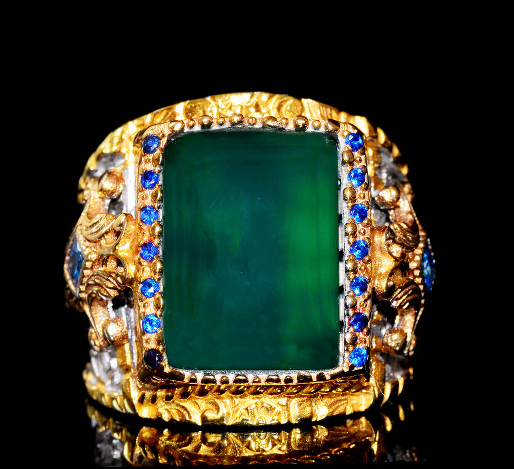 925 Sterling Silver Men's Ring, King Ring, Natural Jade Rectangular Gemstone — 8