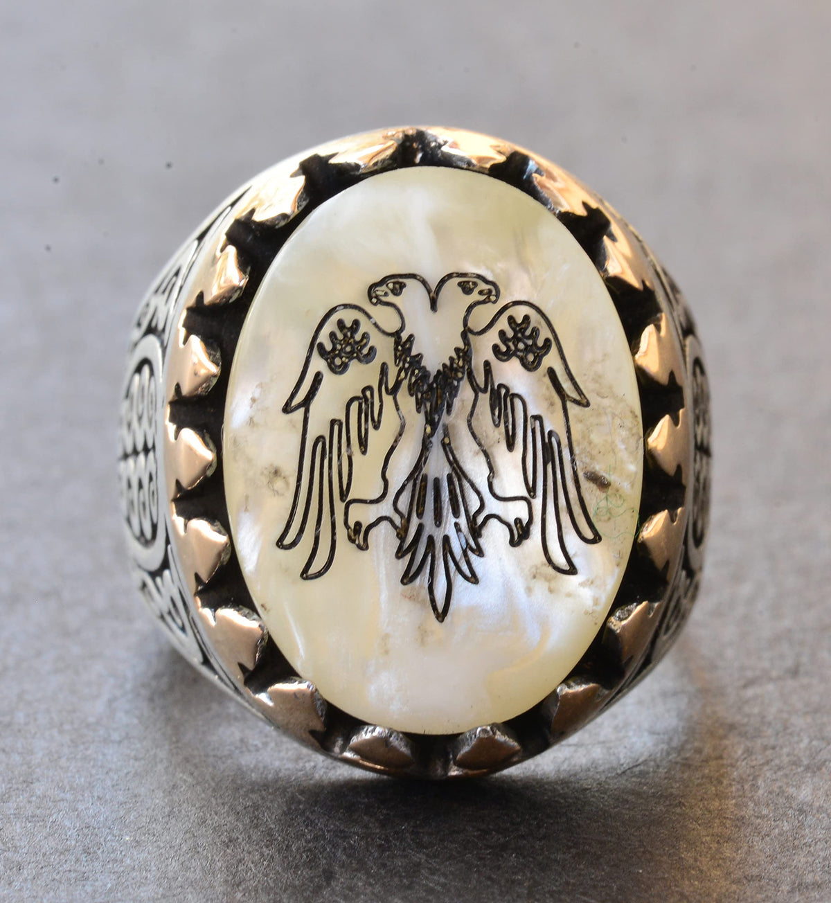 Silver Ring - Natural Pearl Stone and Double-Headed Eagle Design — 5