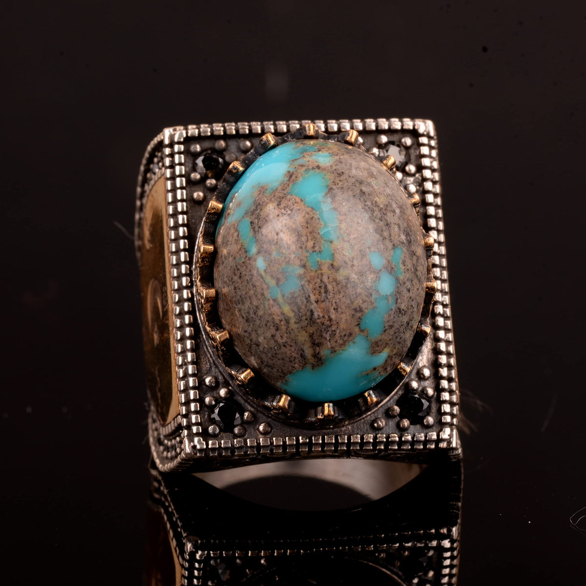 925 Sterling Silver Men's Ring, Square Design with Natural Turquoise Stone, Handmade Silver Ring — 5