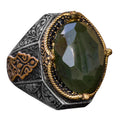 KAMBO Handmade Vintage Emerald Jade Ring for Men, 925 Sterling Silver with Gold Accents, Statement Gemstone Jewelry, Cla