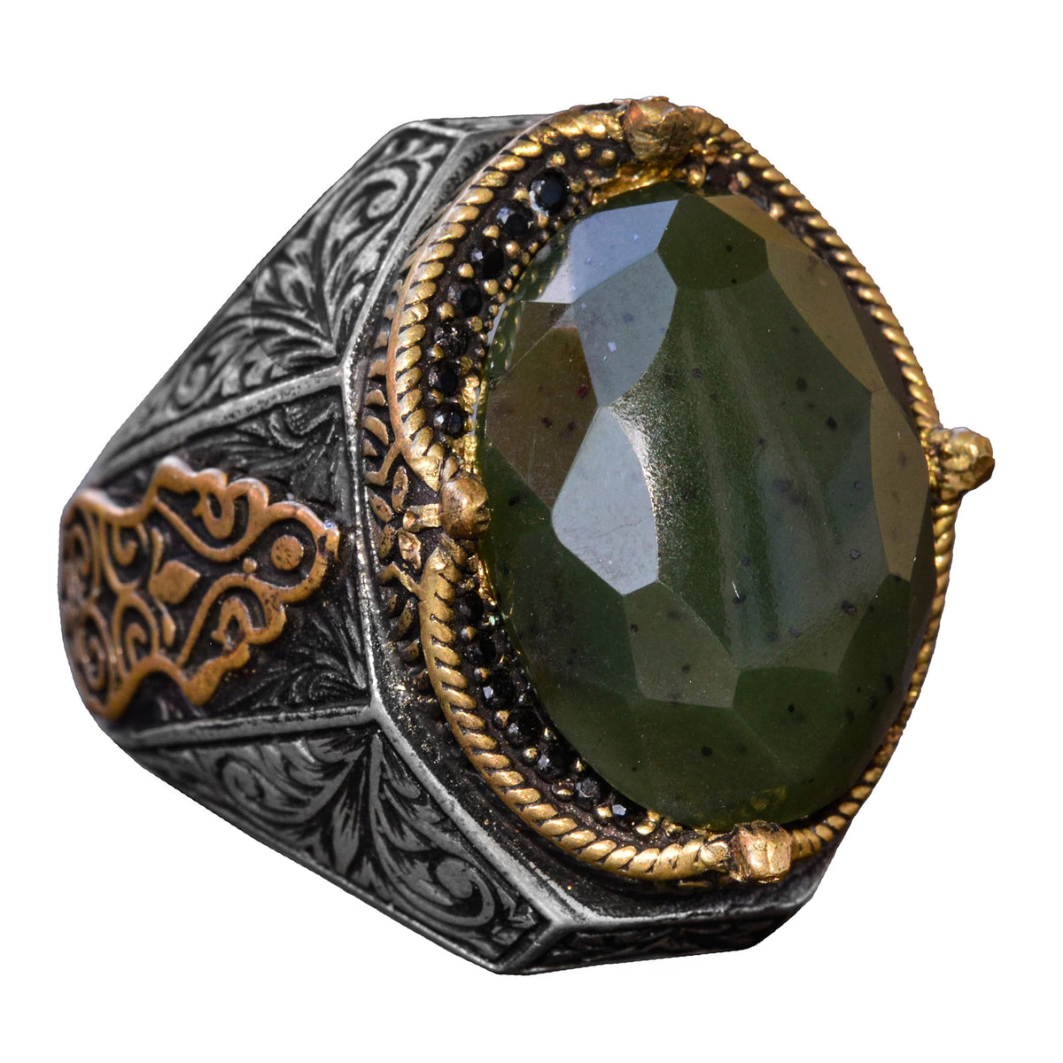 KAMBO Handmade Vintage Emerald Jade Ring for Men, 925 Sterling Silver with Gold Accents, Statement Gemstone Jewelry, Cla