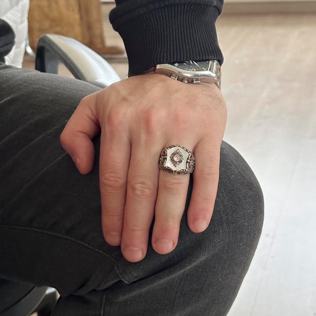 Natural Pearl Stone Ring, Handmade Vintage Design, 925 Sterling Silver Men's Ring — 3