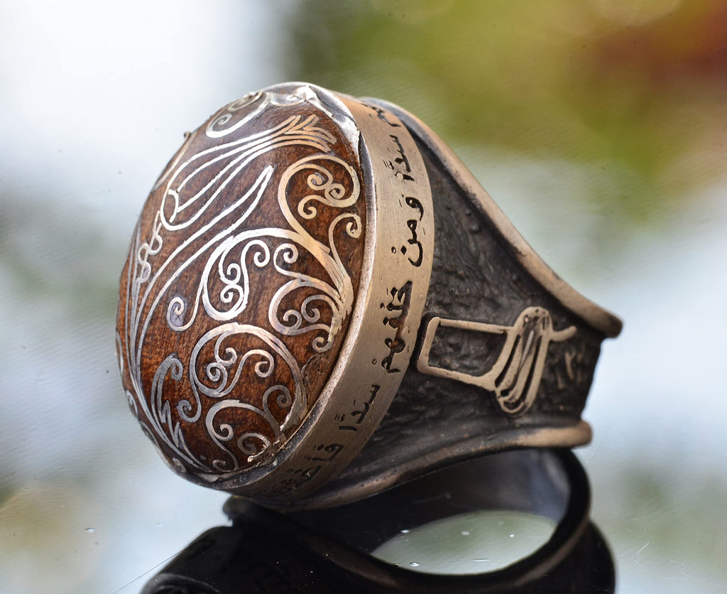 Handmade Walnut Carved Silver Stone Embroidered - Silver Men's Ring — 4