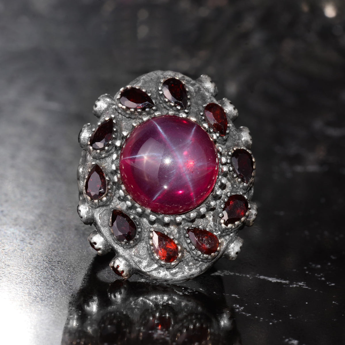 KAMBO Natural Star Ruby and Garnet Stone Ring for Men 925 Sterling Silver Multi-Stone Handmade Statement Ring Red Gem Cluster Asterism Ruby — 4