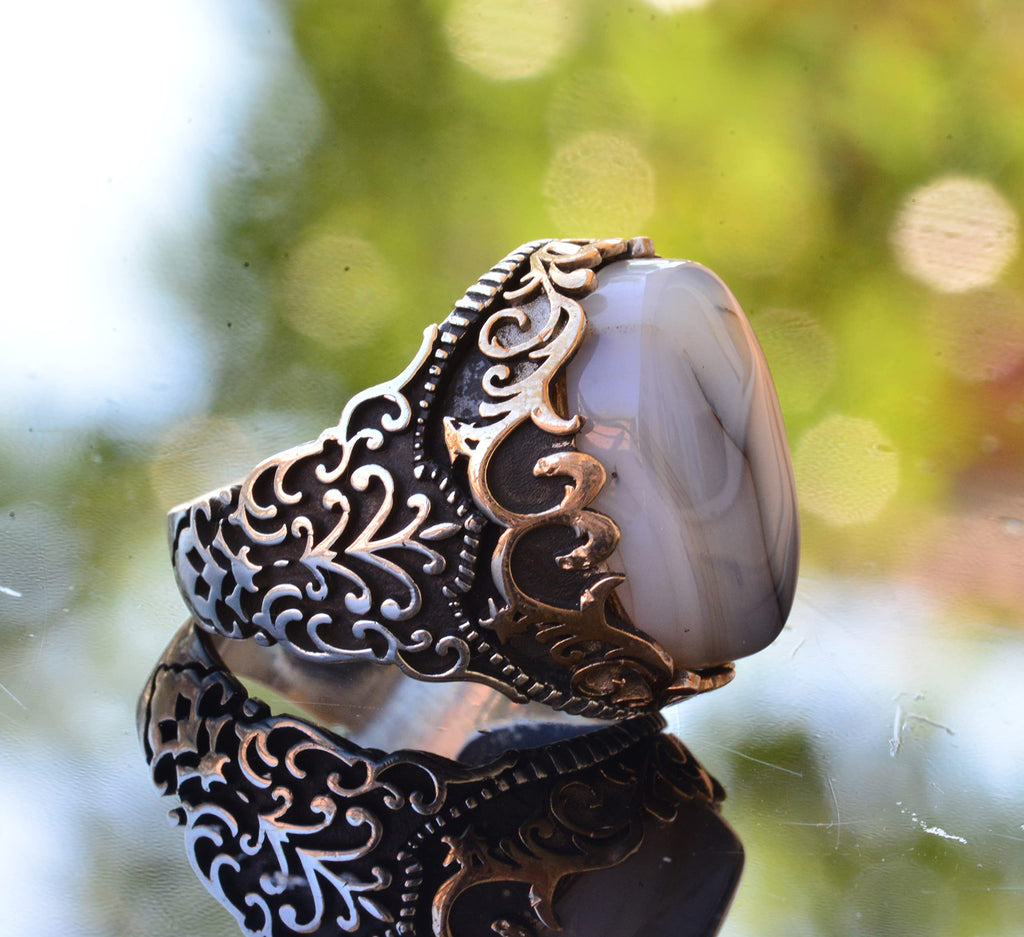 Silver Ring - Slim Design with Natural Agate Stone — 4