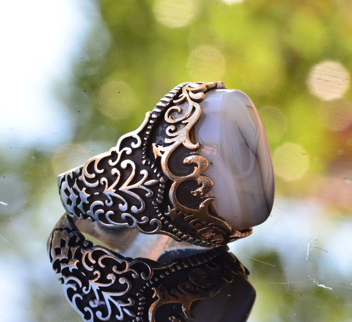 Silver Ring - Slim Design with Natural Agate Stone — 4
