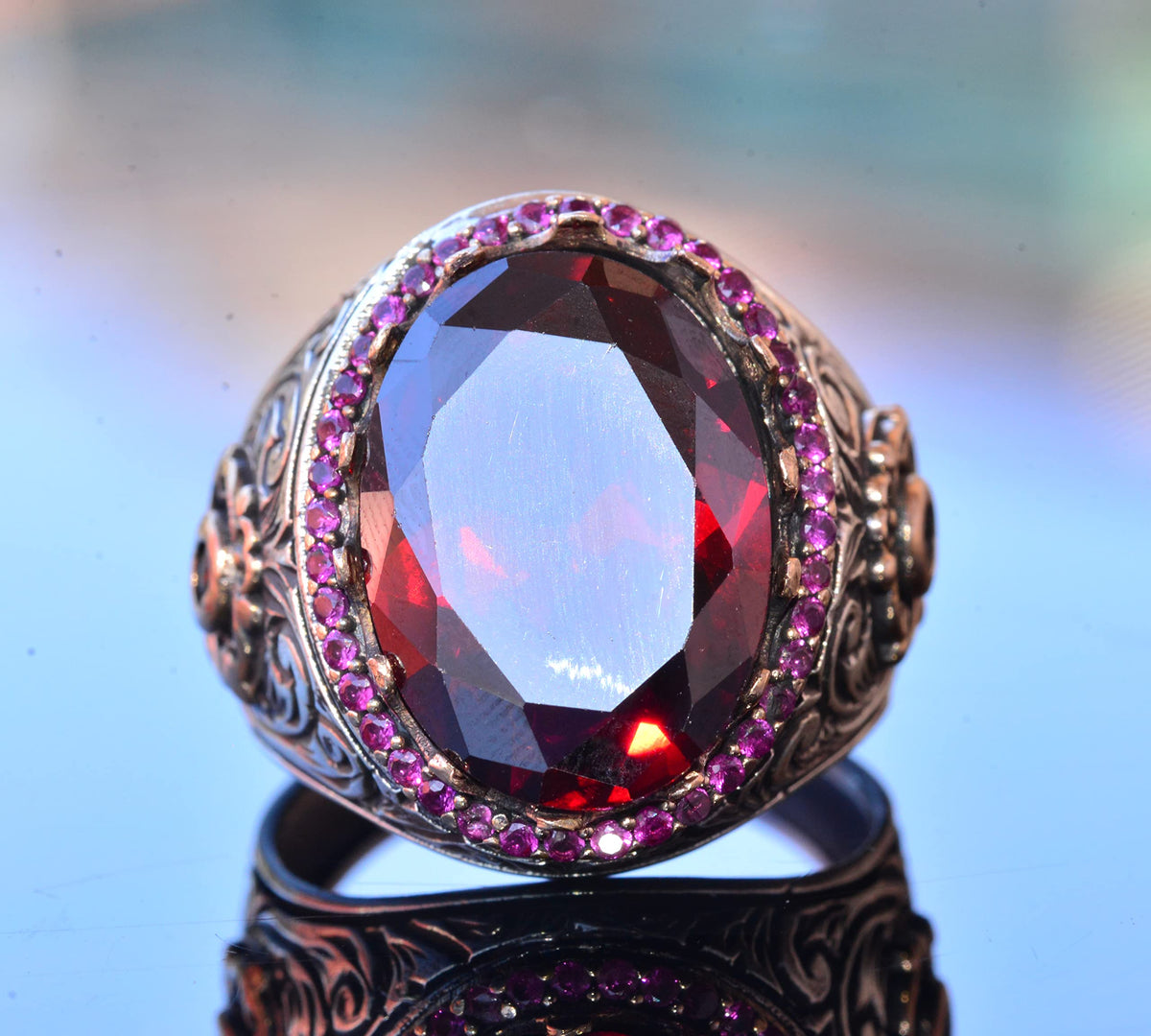 Garnet Stone King Ring, Silver Men's Ring — 5