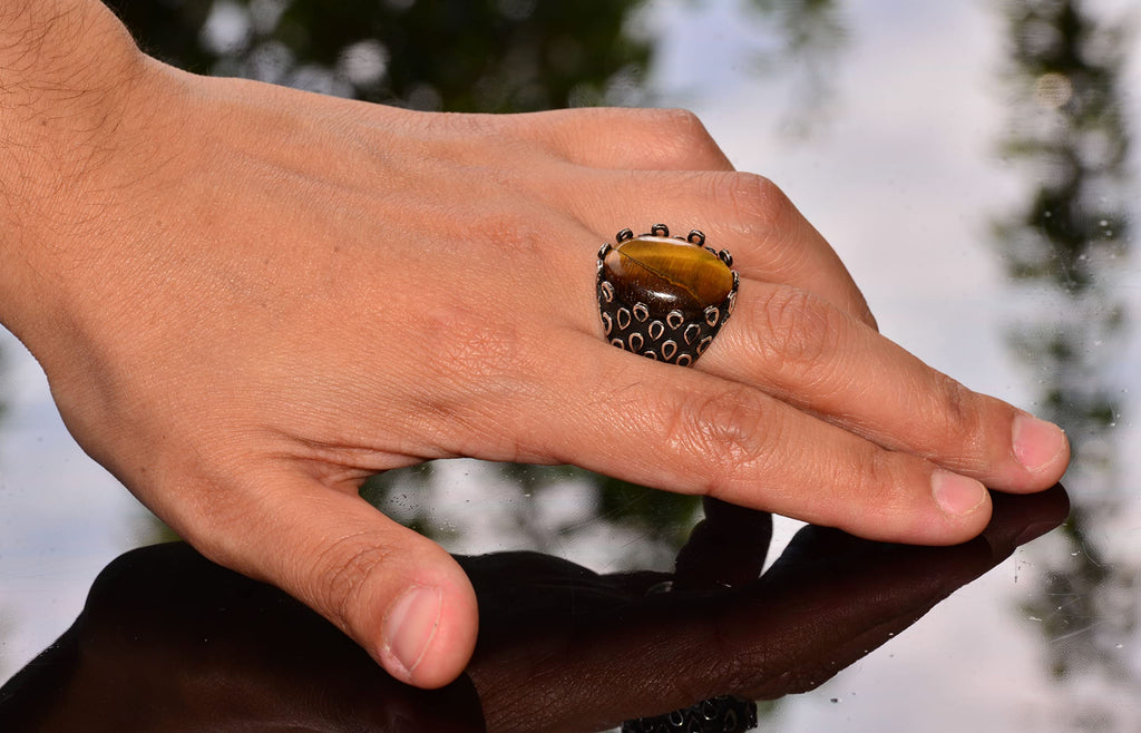 Natural Tiger Eye Stone Ring - 925 Sterling Silver Unisex Ring — 7