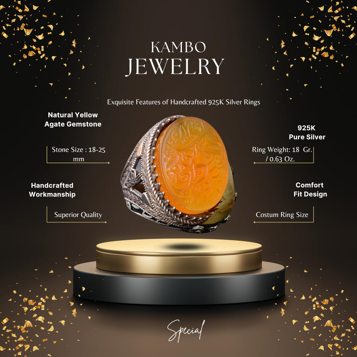 KAMBO Natural Yellow Agate Stone 925 Sterling Silver Ring, Above All and Determination Islamic Design, Large Muslim Ring — 2