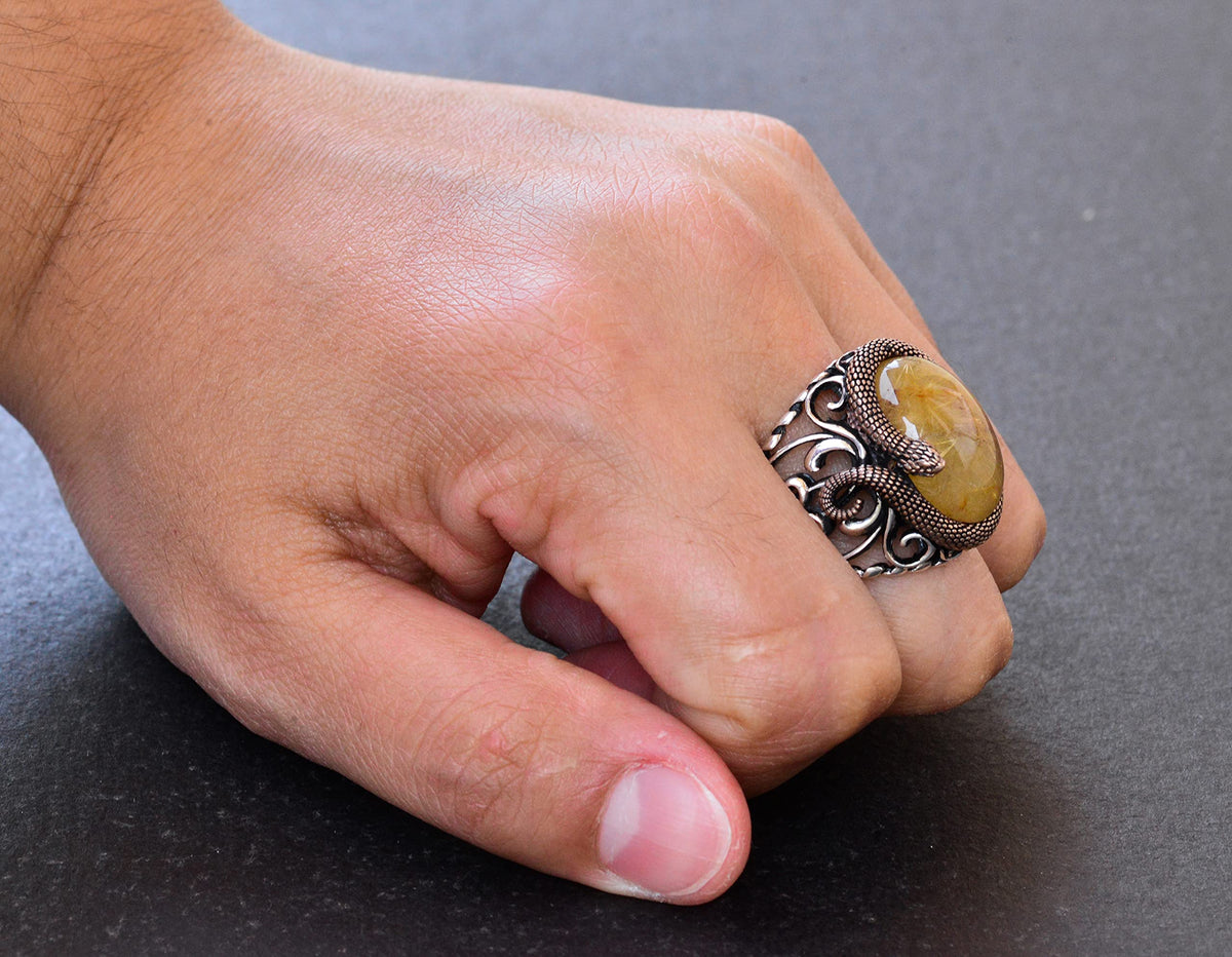 925 Sterling Silver Men's Ring - Gold Rutile Quartz Stone — 7