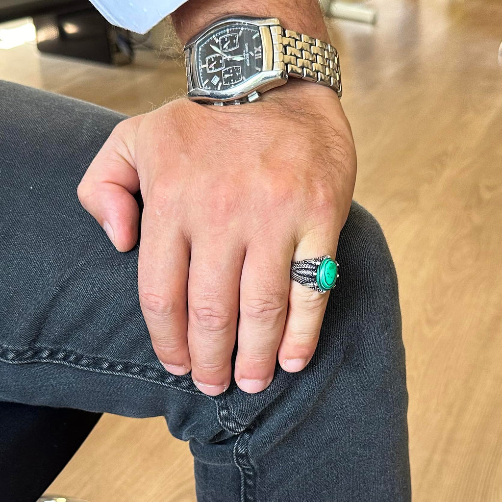 925 Sterling Silver Men's Ring, Natural Stone, Handmade Vintage Design Claw Ring (Malachite) — 3