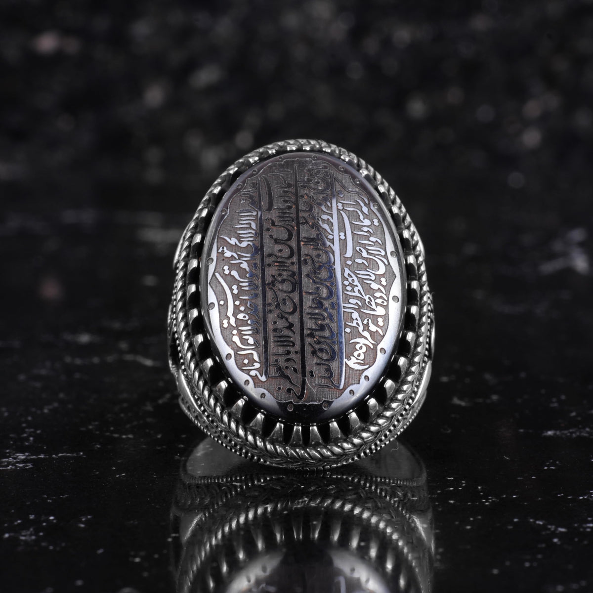 KAMBO Natural Hematite Stone Ring – 925 Sterling Silver Ottoman Tugra Design – Islamic Men's Statement Ring (Ayat al Kursi Quran Verse) — 4