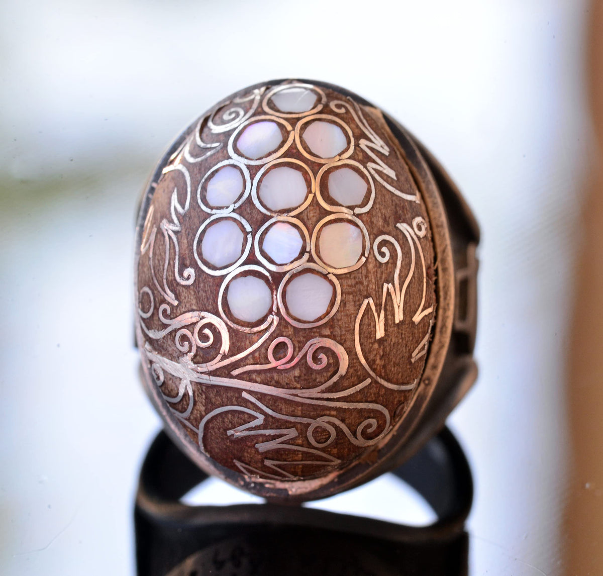 Handmade Walnut Carved Pattern Silver Men's Ring, with Pearl and Decorative Details — 5