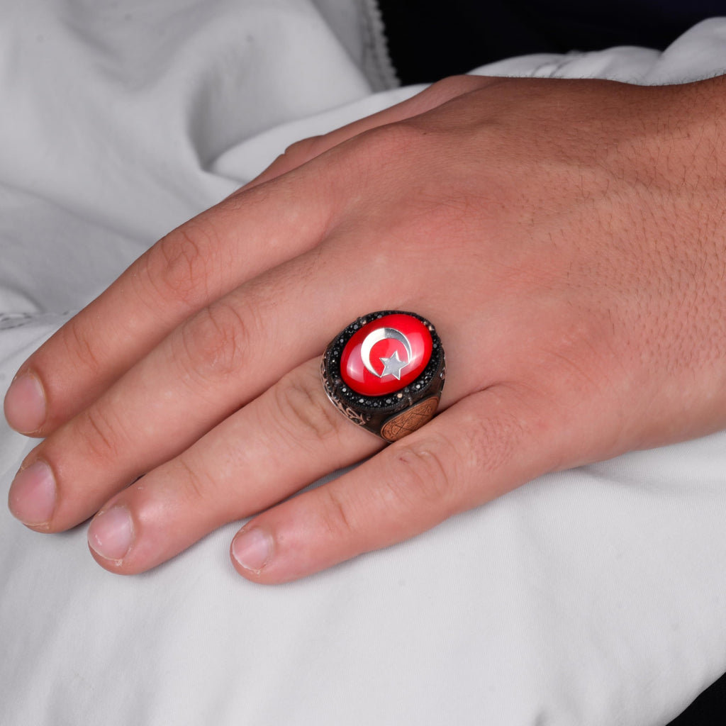 Star and Crescent Pattern Ring - Handmade Ring - 925 Sterling Silver Men's Ring — 3