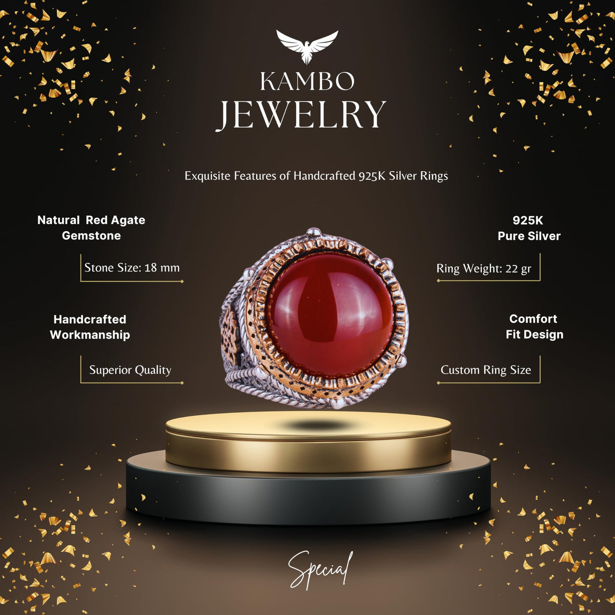 Natural Stone Handmade Ring - 925 Sterling Silver Ring (Red Agate) — 2