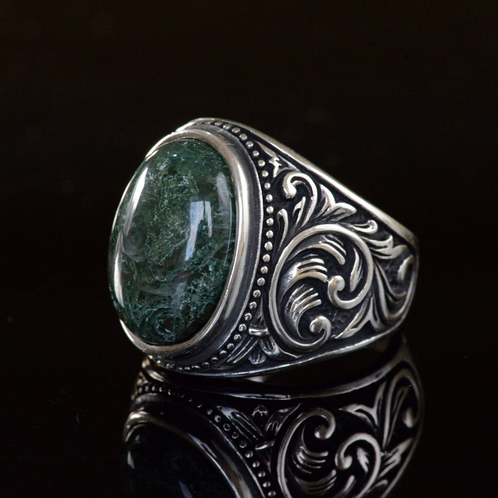 Silver Men's Ring, Real Straw Agate Stone, Handmade Detailed Design — 3