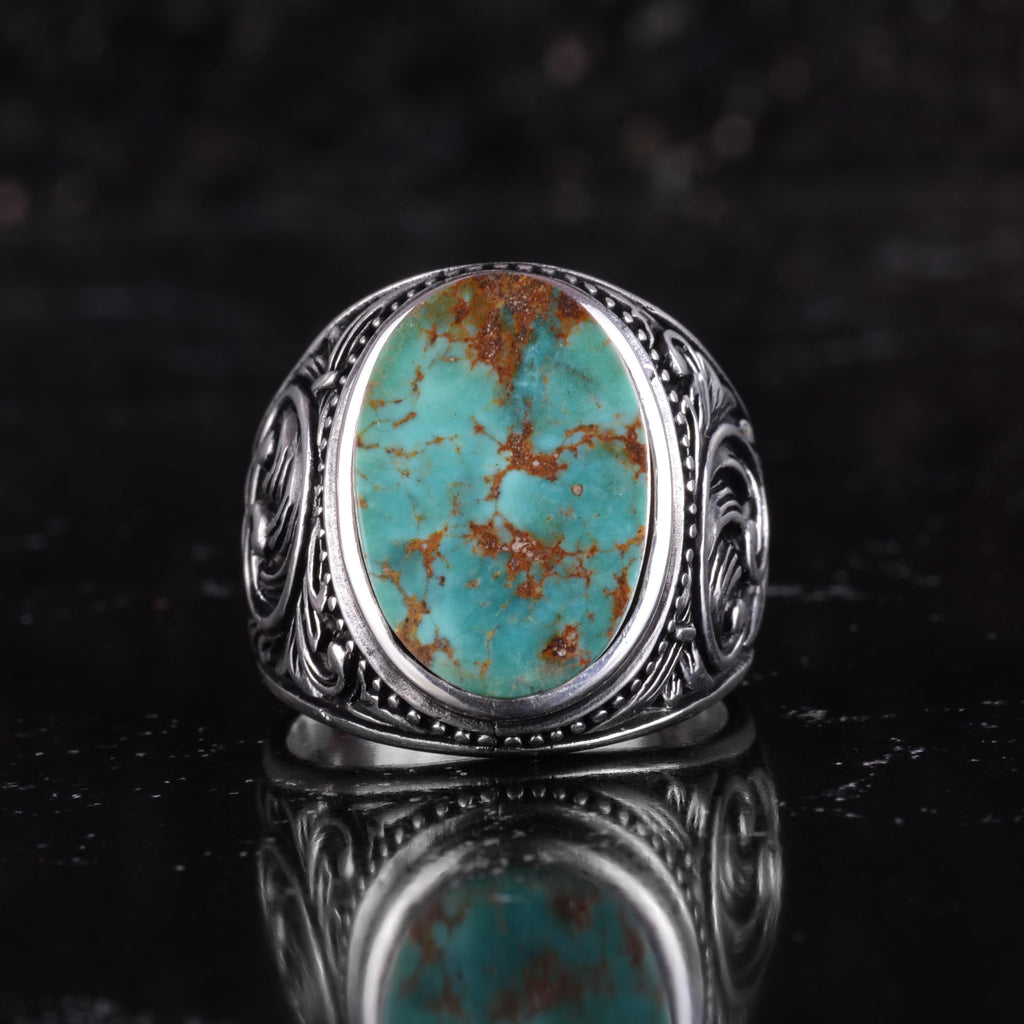 KAMBO Natural Turquoise Stone Men's Ring 925 Sterling Silver Oval Cabochon Ottoman Sliding Pattern Handmade Vintage Style Ring (Turquoise-2) — 4