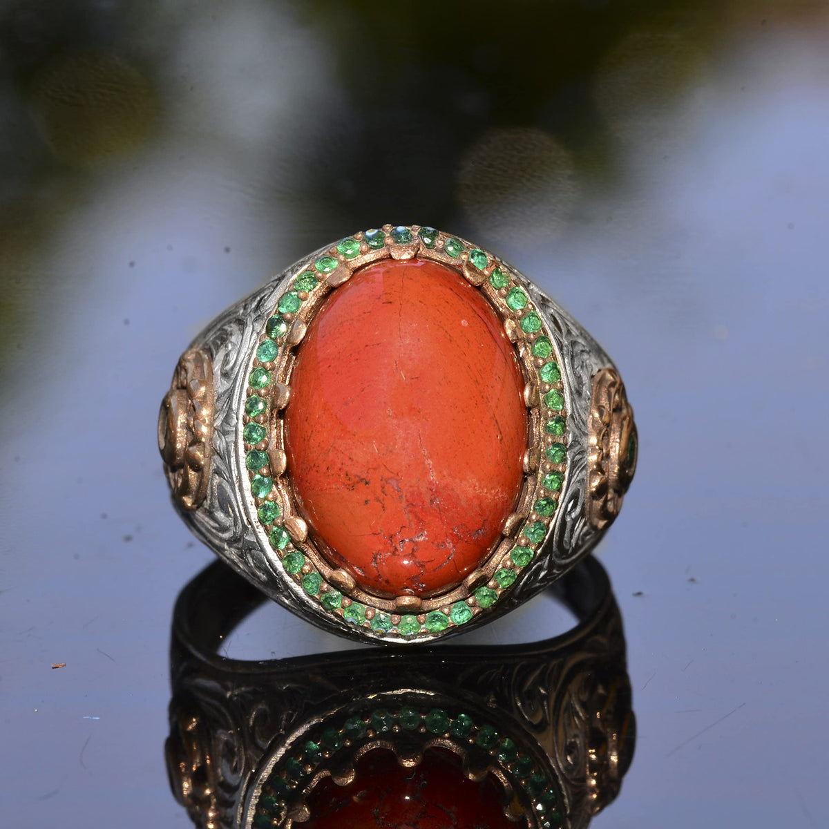 Handmade Natural Red Coral Ring | 925 Sterling Silver Men's Ring — 8