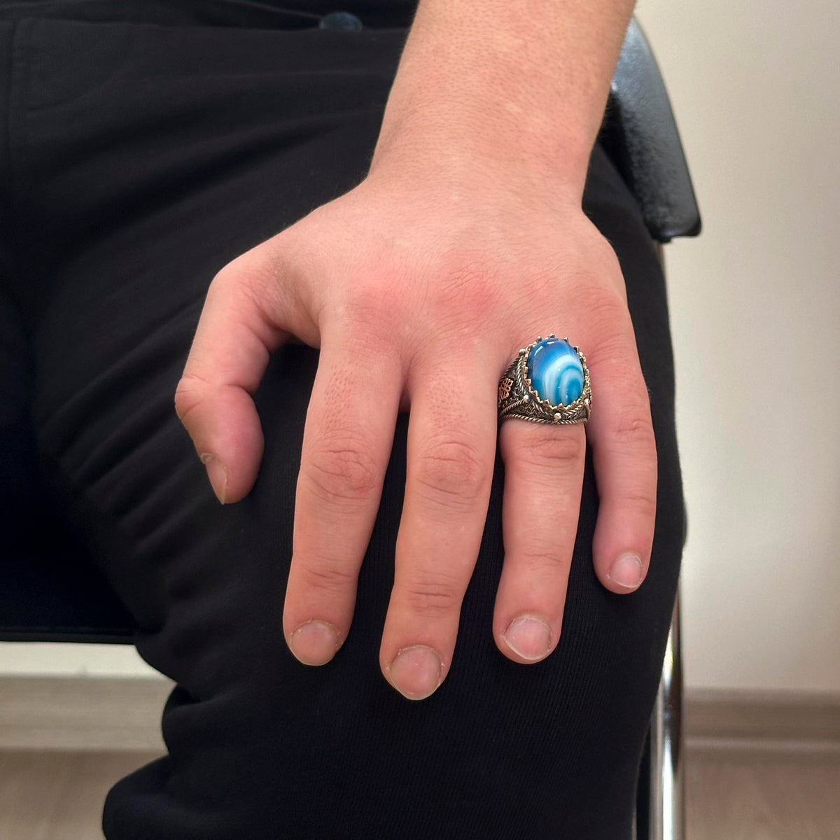 Natural Blue Agate Stone Ring — 3