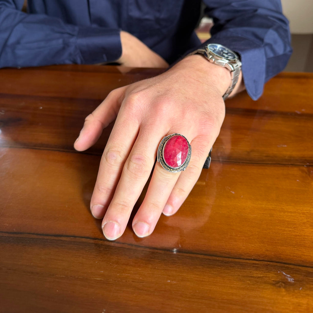 KAMBO Men's Genuine Natural Stone Ring – 925 Sterling Silver Large Statement Ring – Handmade Vintage Design – Dark Silver Ring (Ruby) — 3