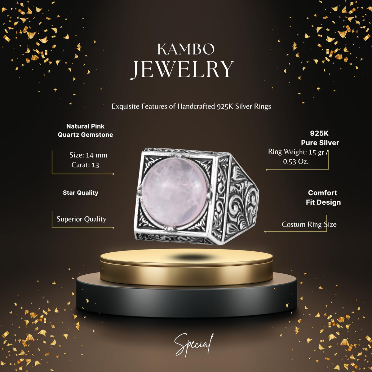 KAMBO Natural Round Stone Square Men's Ring 925 Sterling Silver – Ottoman Pattern Handmade Stone Ring (Rose Quartz) — 2