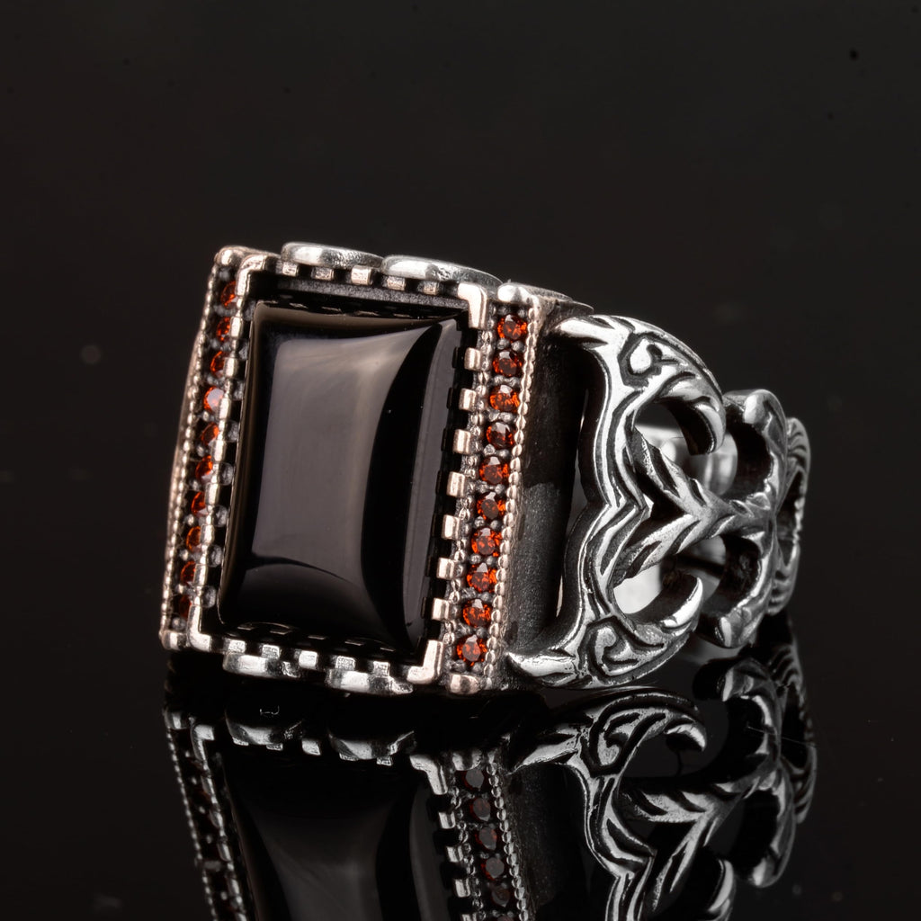 Natural Obsidian Stone Ring, 925 Sterling Silver Men's Ring — 5