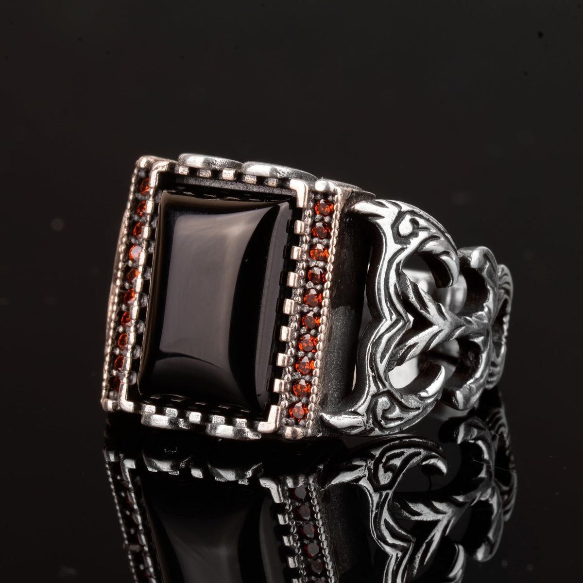 Natural Obsidian Stone Ring, 925 Sterling Silver Men's Ring — 5