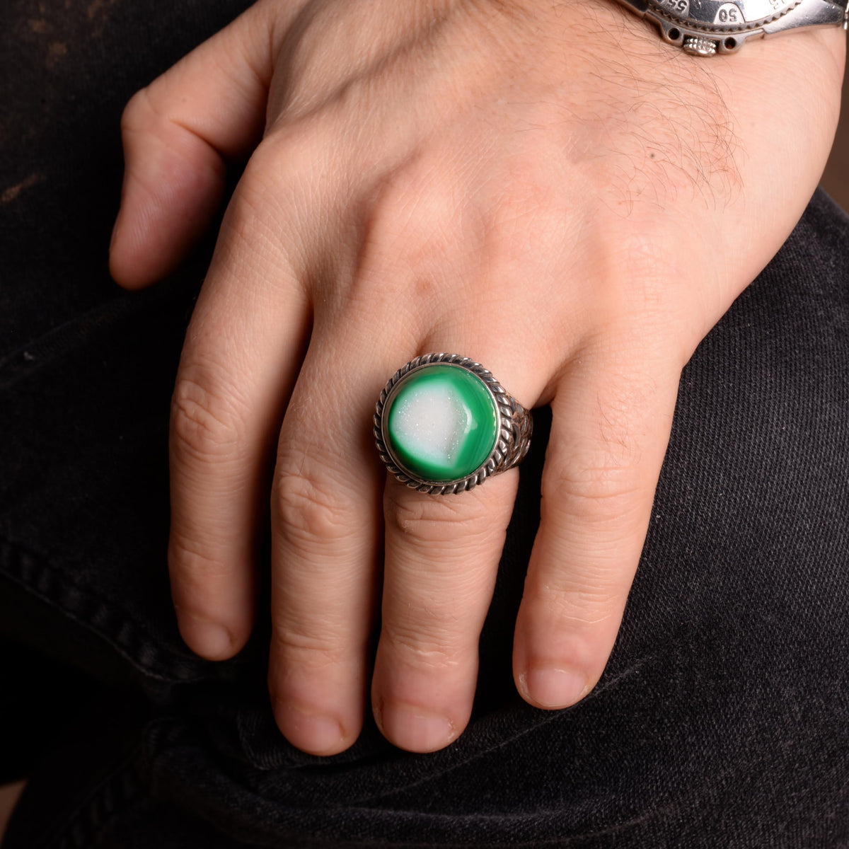 925 Sterling Silver Ring - Natural Druzy Quartz (Green) — 3