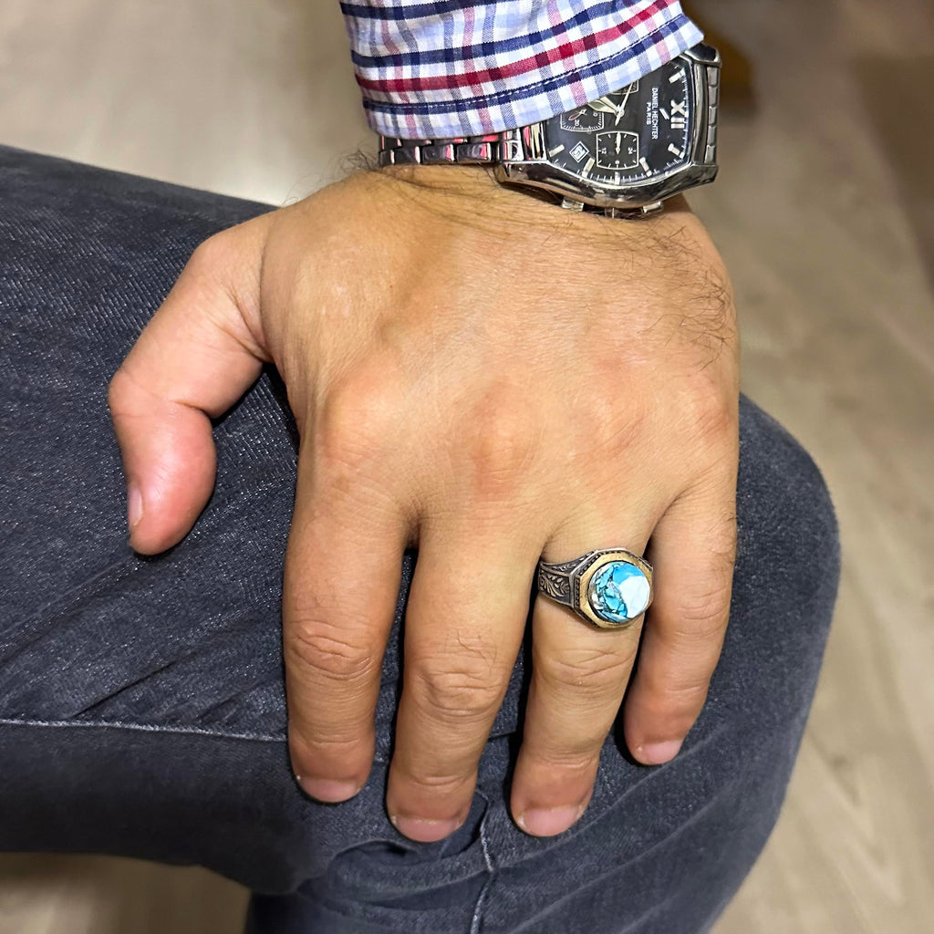 KAMBO Handmade 925 Sterling Silver Men's Ring with Natural Star Ruby Gemstone, Minimalist Octagonal Design, Vintage Stat