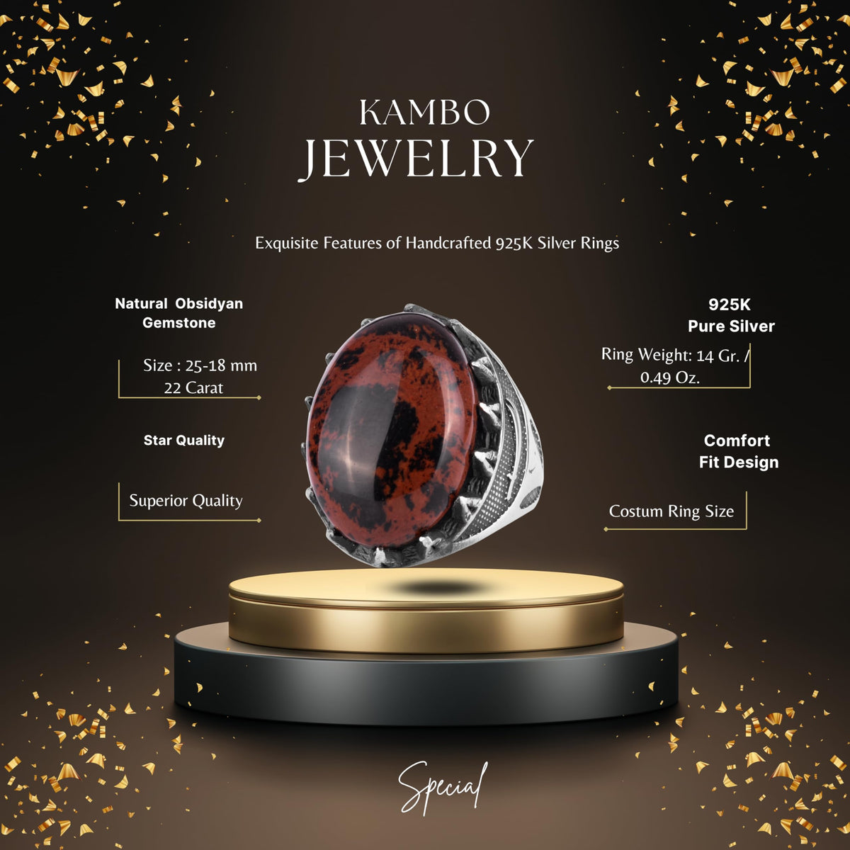 KAMBO Natural Stone Men's Large Ring – 925 Sterling Silver Ottoman Sword Motif Signet Ring (Obsidian) — 2