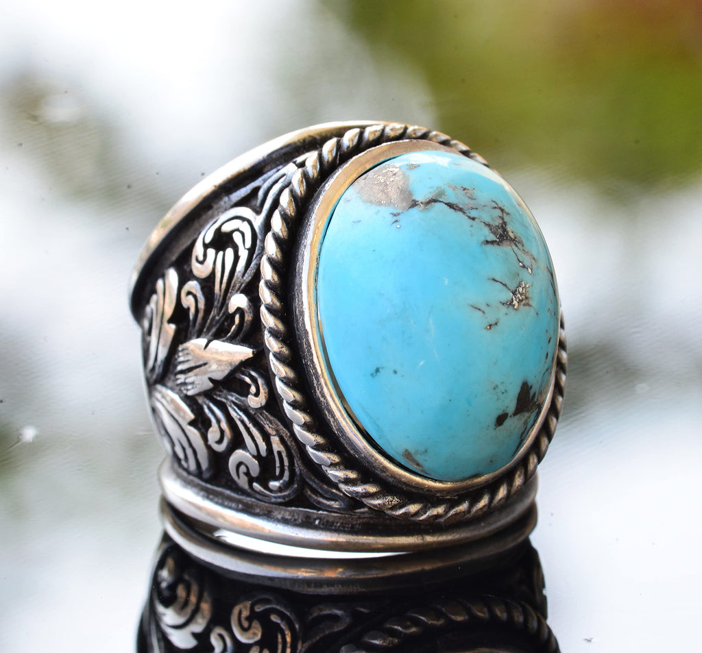 Natural Arizona Turquoise Stone Ring, Men's Ring, Silver Ring green — 3