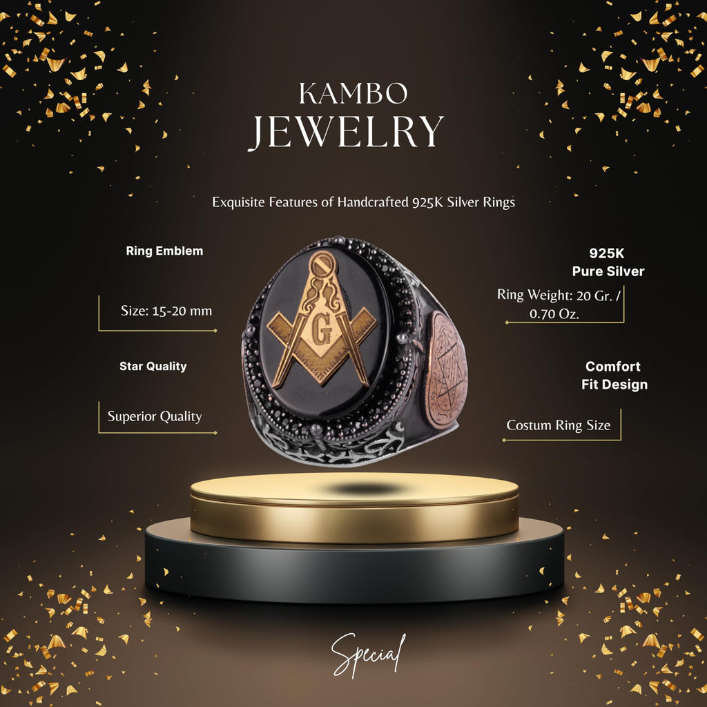 KAMBO Men's Onyx Stone Masonic Square and Compass Symbol Ring – Star of David Details – Statement Ring — 2