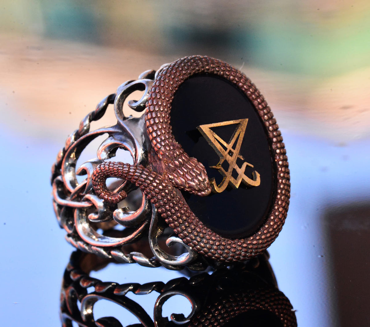 925 Sterling Silver Men's Ring - Artificial Onyx Stone - Snake Design - Signet Ring (Lucifer) — 3