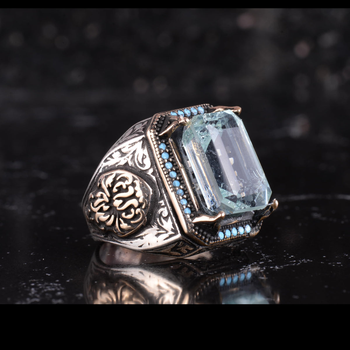 KAMBO Certified Aquamarine Stone Men's Ring - 925 Sterling Silver Ottoman Style Statement Ring - Handmade Blue Stone Islamic Jewelry — 5
