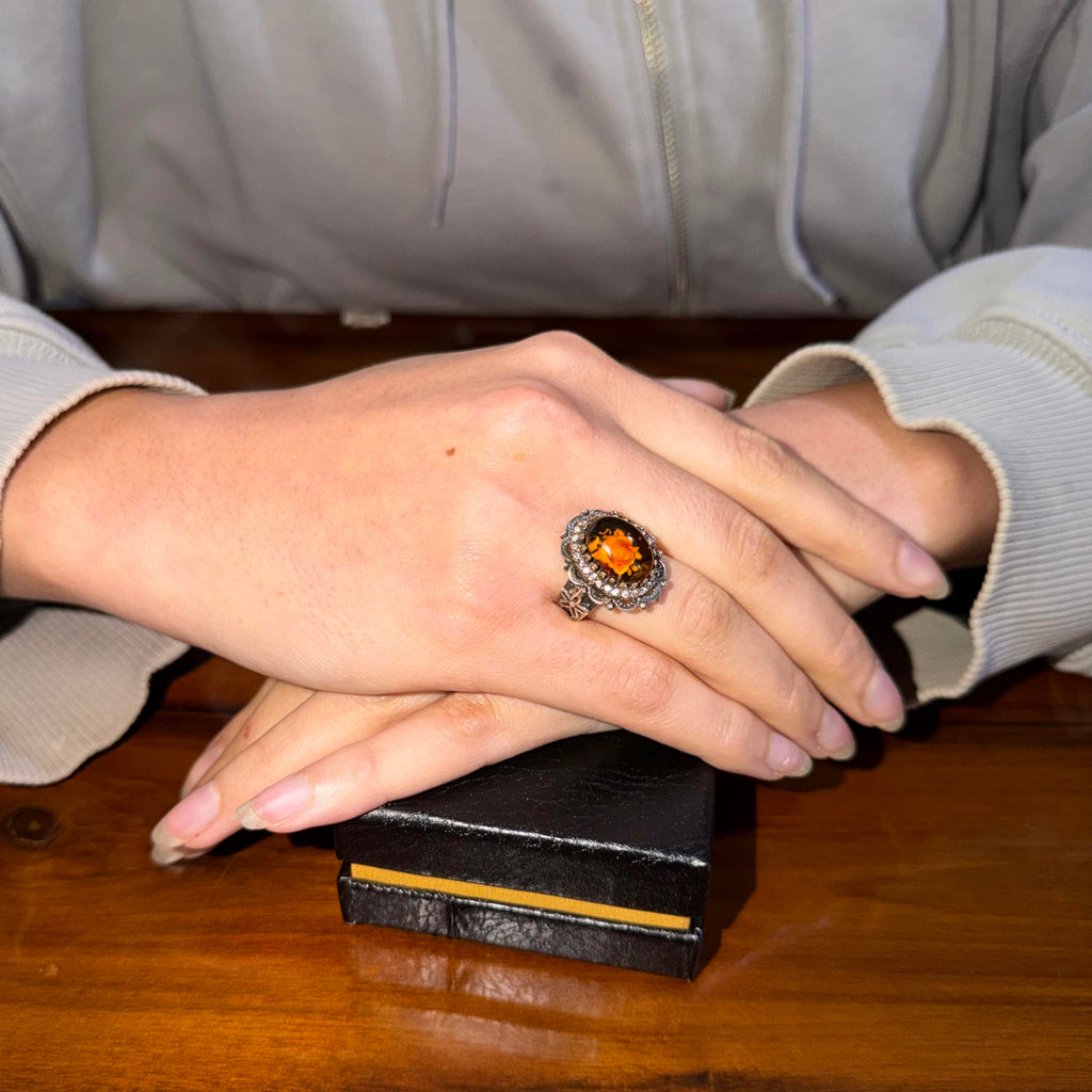 KAMBO Rose Carved Amber Stone Women's Ring – Oval Amber Stone Flower Design Ring – 925 Sterling Silver Vintage Elegant Women's Jewelry — 3