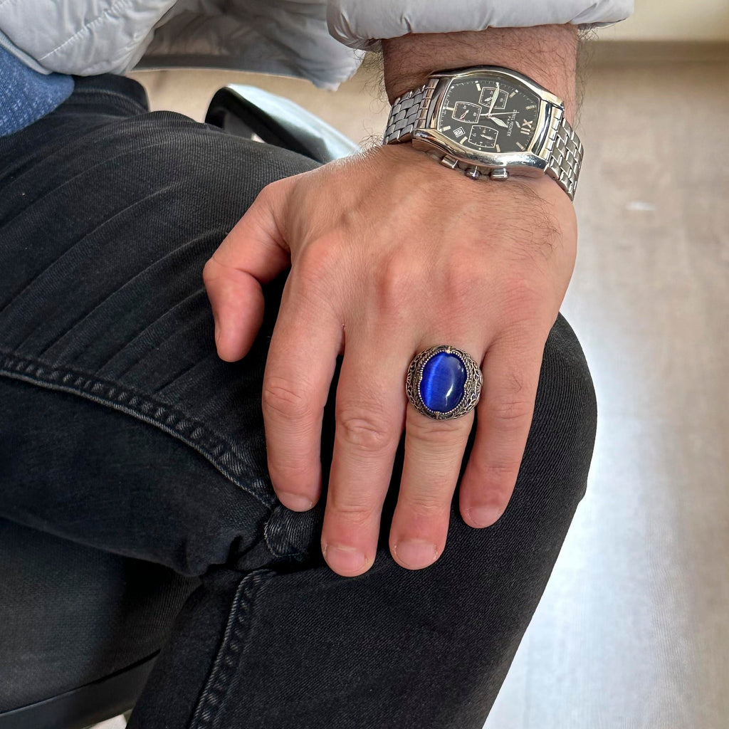 925 Sterling Silver Men's Ring - Blue Cat's Eye Stone Ring - Men's Ring — 3