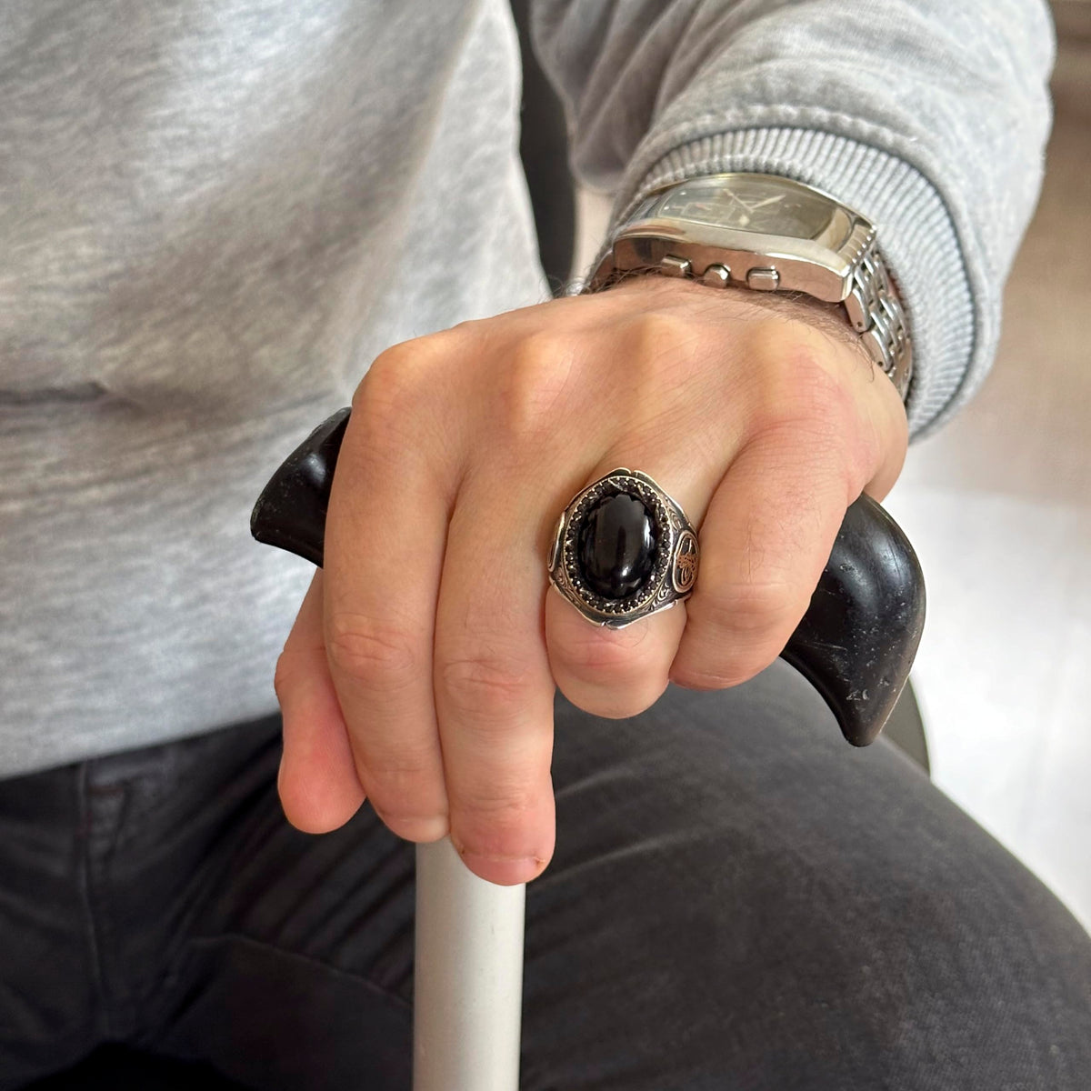 925 Sterling Silver Men's Ring - Natural Onyx Stone — 3