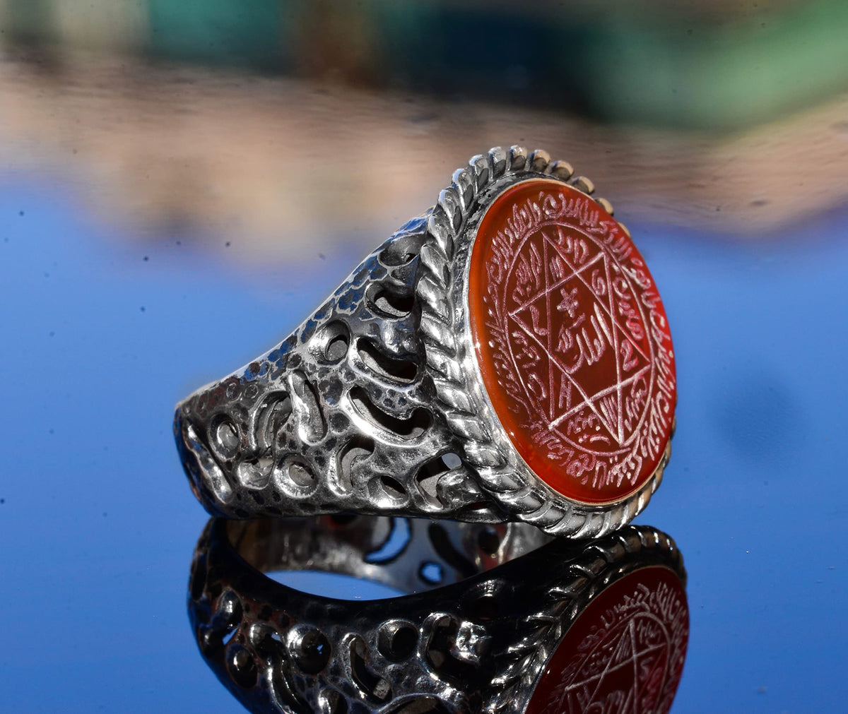 KAMBO Handcrafted Arabic Ring with Carnelian Stone, Sterling Silver Men's Ring - Solomon Star Emblem, Symbol of Courage 