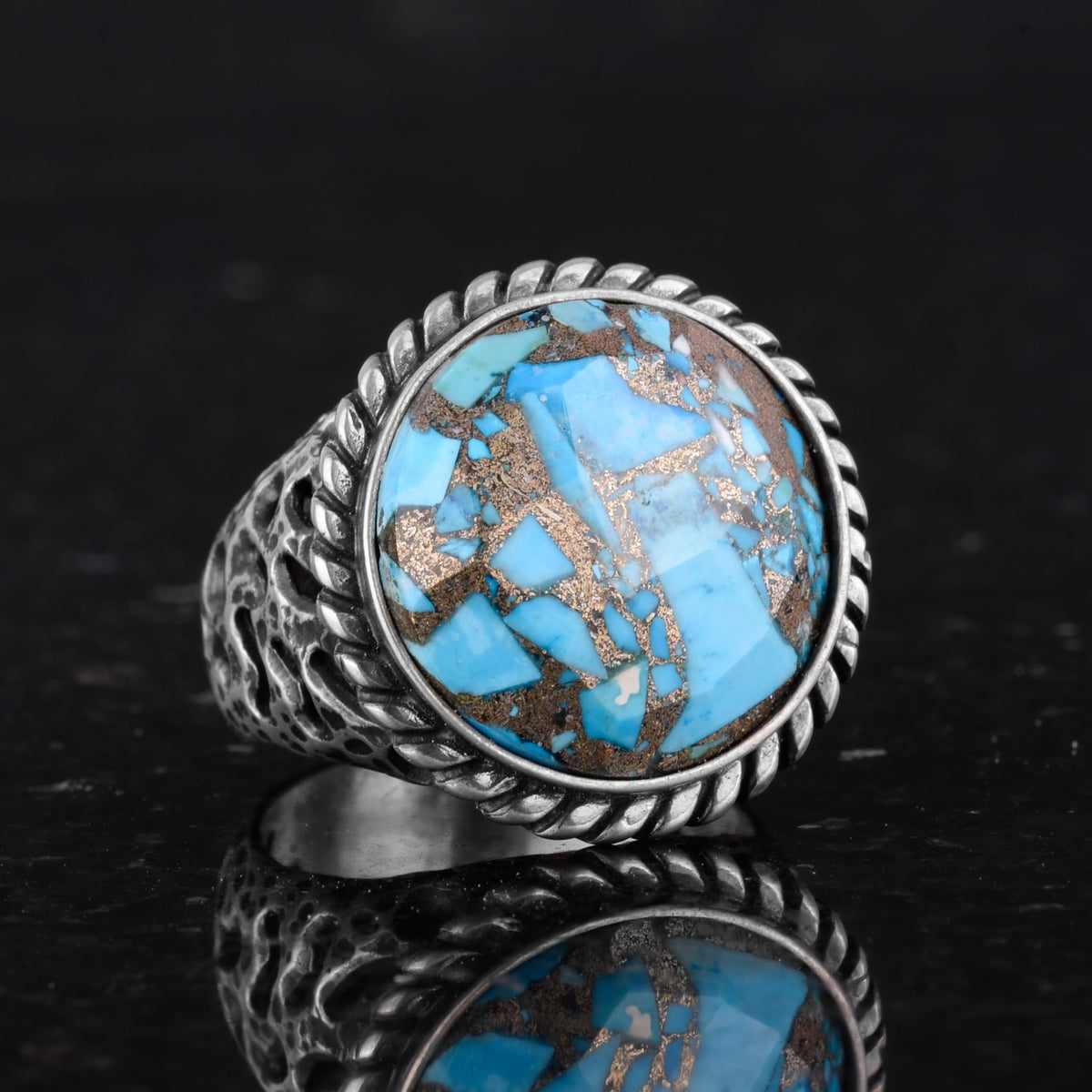 Natural Turquoise Stone Silver Men's Ring, Bold Design — 5