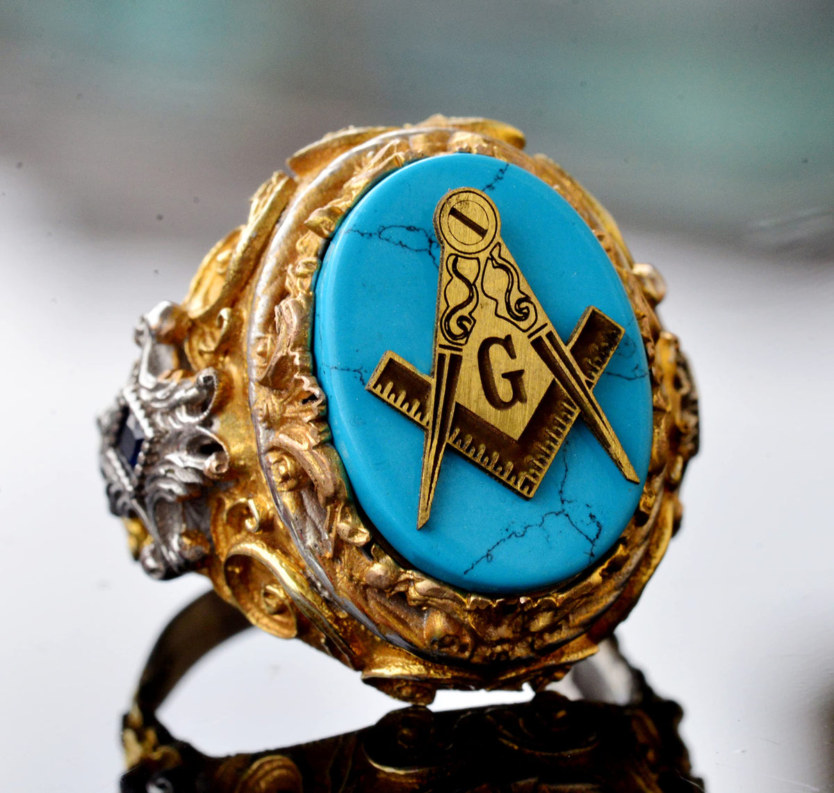KAMBO Natural Turquoise Gemstone Men's Masonic Ring, Handcrafted 925 Sterling Silver with Intricate Signet Design, Uniqu