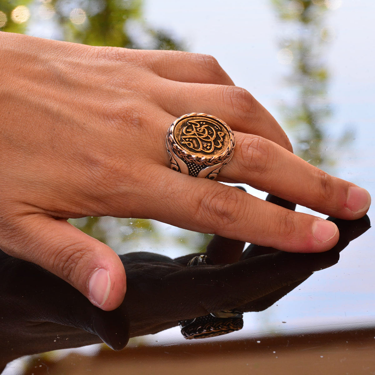 Handmade Silver Men's Ring | Bronze Inlay Elegant Writing | Bold and Stylish Islamic Ring — 6