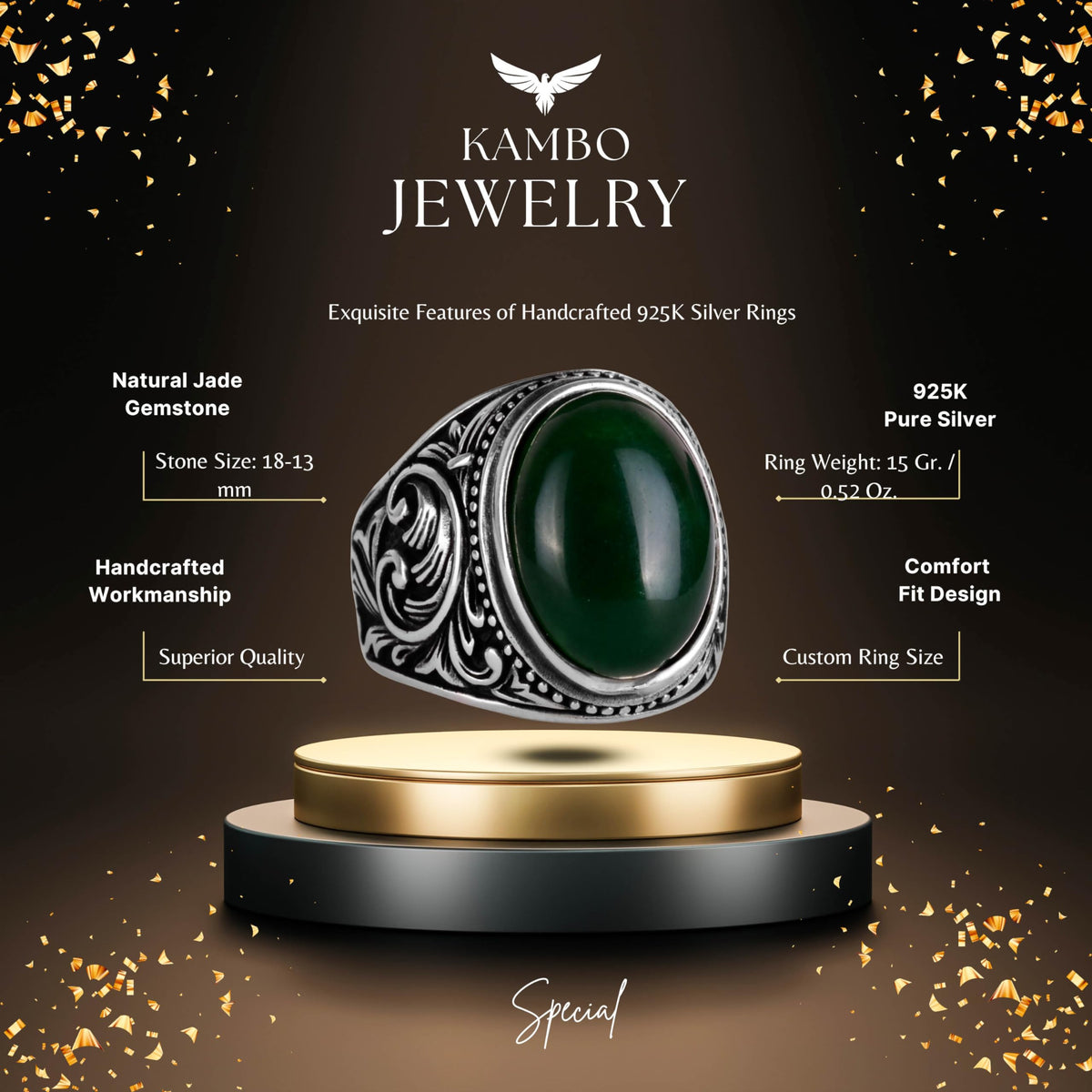 Handmade Natural Jade Stone Ring - 925 Sterling Silver Men's Ring - Harmony and Abundance Design — 2