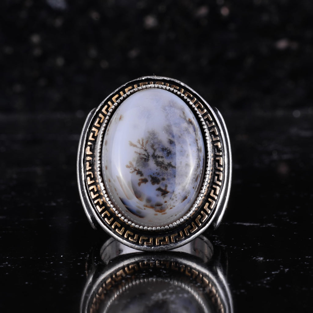 KAMBO Men's Genuine Natural Stone Ring – 925 Sterling Silver Large Statement Ring – Handmade Vintage Design – Dark Silver Ring (Yemen Agate) — 3