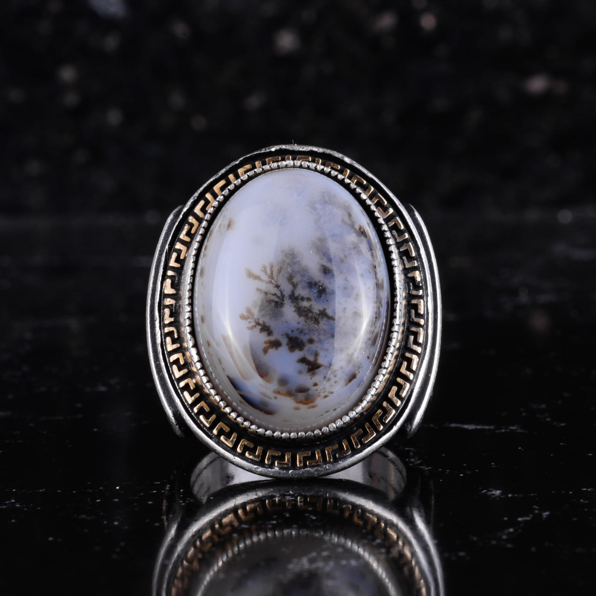 KAMBO Men's Genuine Natural Stone Ring – 925 Sterling Silver Large Statement Ring – Handmade Vintage Design – Dark Silver Ring (Yemen Agate) — 3