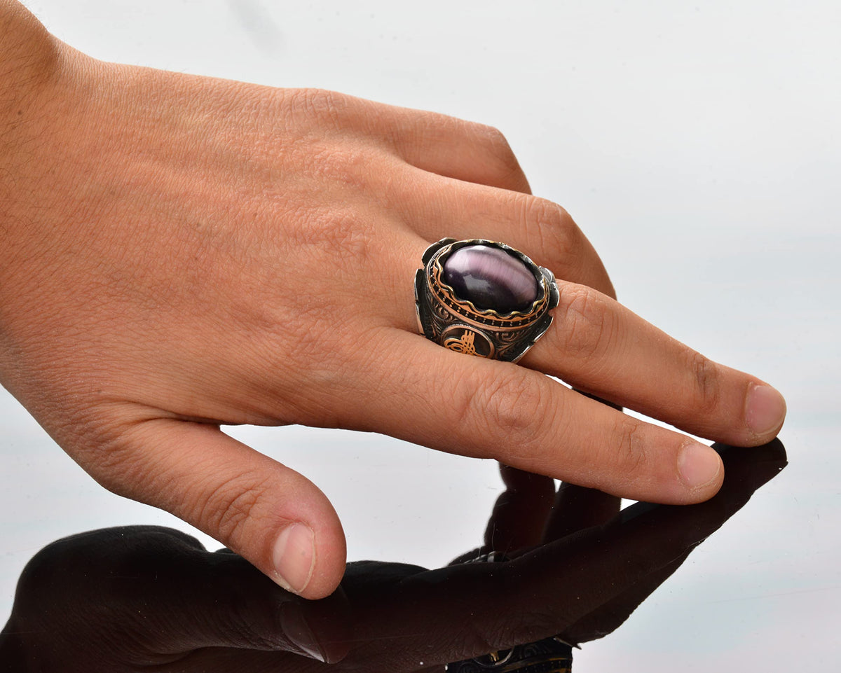 Natural Cat's Eye Amethyst Stone Ottoman Men's Ring - 925 Sterling Silver — 6