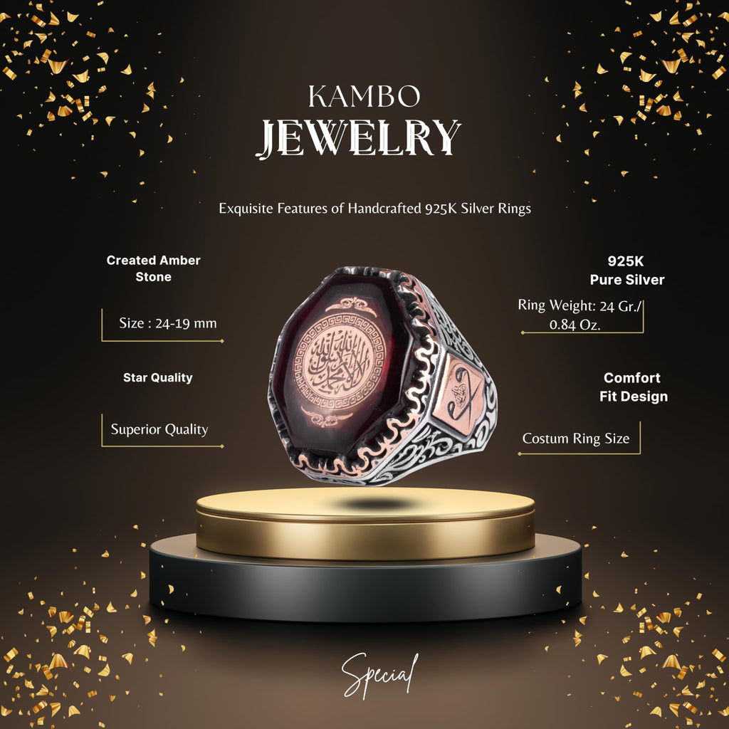 KAMBO Big Created Amber Stone Ring for Men – 925 Sterling Silver Islamic Ring with Shahada Inscription & Ottoman Tughra 