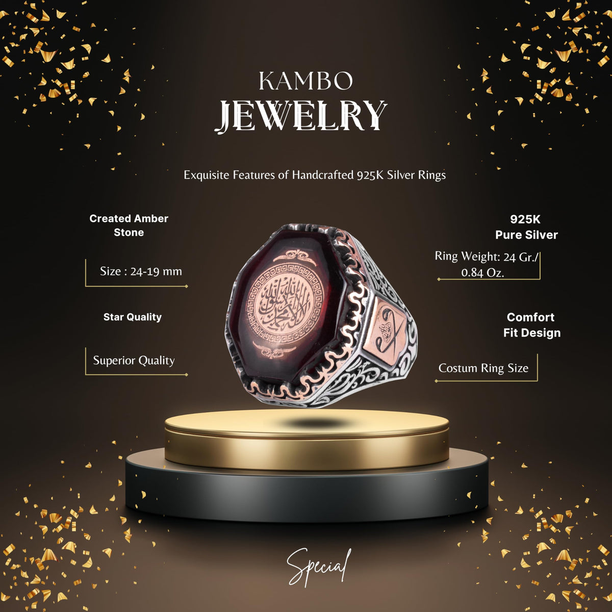 KAMBO Big Created Amber Stone Ring for Men – 925 Sterling Silver Islamic Ring with Shahada Inscription & Ottoman Tughra 