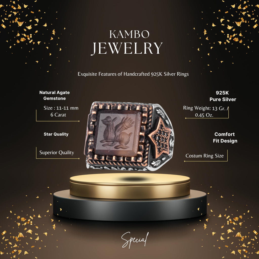 KAMBO Natural Agate Stone Men's Ring – Star Side Designed 925 Sterling Silver Square Motif Ring (Rabbit Engraved) — 3
